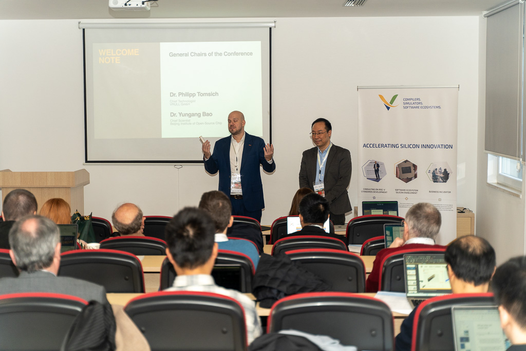 Philipp Tomsich and Dr. Yungang Bao on stage at the opening of the 1st Sino-European Workshop in Tirana